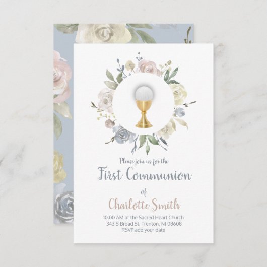 Invitation première communion délicate fleurs d'aquarelle (Devant / Derrière)