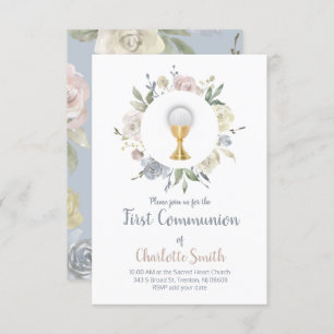 Invitation première communion délicate fleurs d'aquarelle