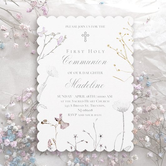 Invitation première communion délicate fleurs sauvages