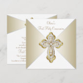 Invitation Première communion des filles en blanc et or (Devant / Derrière)