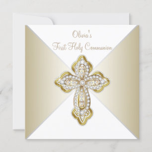 Invitation Première communion des filles en blanc et or
