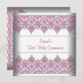 Invitation Première communion des filles en dentelle rose (Devant / Derrière)
