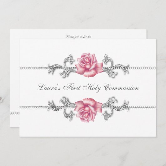Invitation Première communion des filles roses blanches (Devant / Derrière)