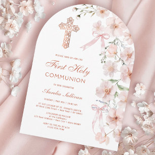 Invitation Première communion des Fleurs sauvages roses et de