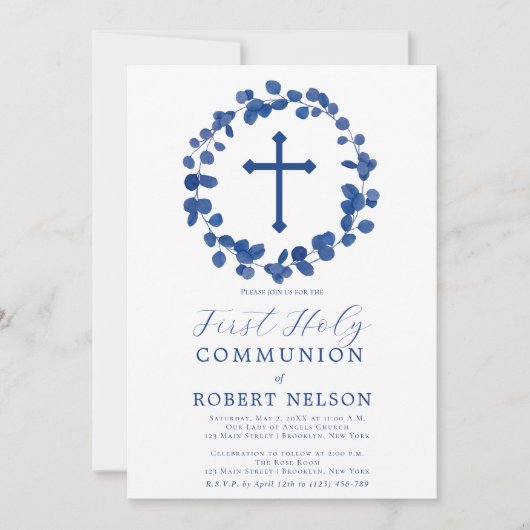 Invitation Première communion des garçons à feuilles bleues (Devant)