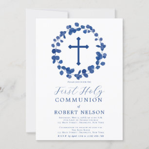 Invitation Première communion des garçons à feuilles bleues