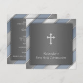 Invitation Première communion des garçons à rayures bleues (Devant / Derrière)