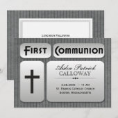 Invitation Première communion des Pinstripes gris argenté mas (Devant / Derrière)