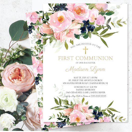 Invitation Première communion des Roses et des pivoines