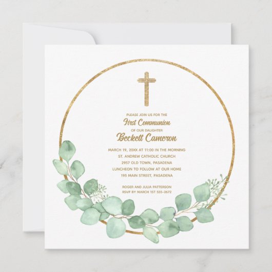 Invitation Première communion d'Eucalyptus Cross (Devant)