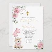Invitation Première Communion Douce Petite Agneau Roses Roses (Devant)