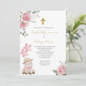 Invitation Première Communion Douce Petite Agneau Roses Roses (Debout devant)