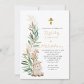 Invitation Première Communion Douce Petite Agneau Vert (Devant)