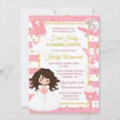 Invitation Première communion d'une fille brune avec rayure r (Devant)