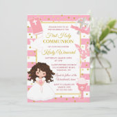 Invitation Première communion d'une fille brune avec rayure r (Debout devant)