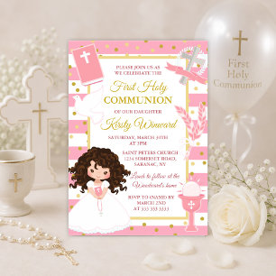Invitation Première communion d'une fille brune avec rayure r