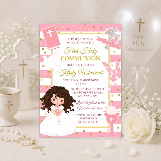 Invitation Première communion d'une fille brune avec rayure r