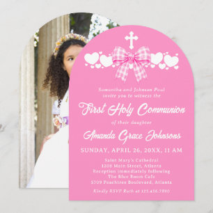 Invitation Première communion d'une jeune fille, photo au nœu