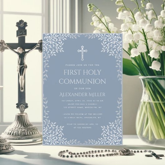 Invitation Première communion Dusty Bleu Élégant Feuilles d'a