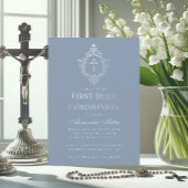Invitation Première communion Dusty Blue Elegant Crest Cross