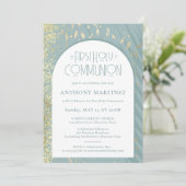 Invitation Première communion Dusty Blue Gold Parties scintil (Debout devant)