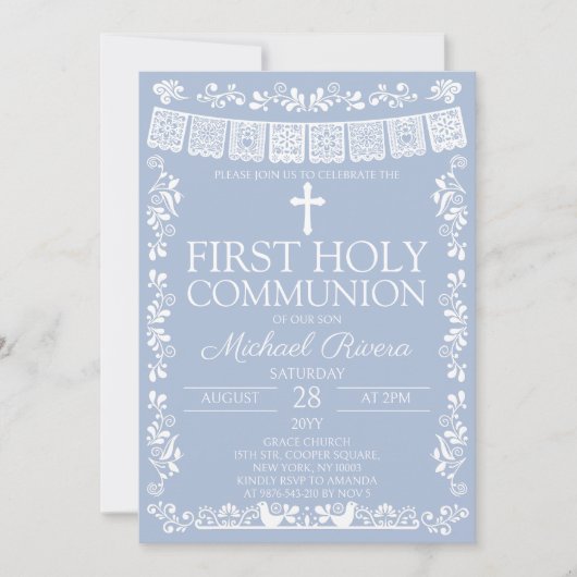 Invitation Première communion Dusty Blue Papel Picado (Devant)