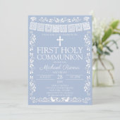 Invitation Première communion Dusty Blue Papel Picado (Debout devant)