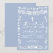 Invitation Première communion Dusty Blue Papel Picado (Devant / Derrière)