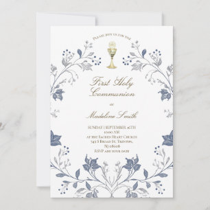 Invitation première communion élégant cadre bleu