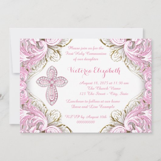 Invitation Première communion Elegant Pink and Gold Cross (Devant)