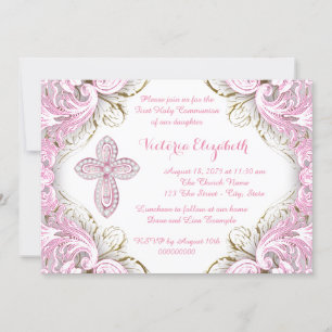 Invitation Première communion Elegant Pink and Gold Cross