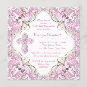 Invitation Première communion Elegant Pink and Gold Cross