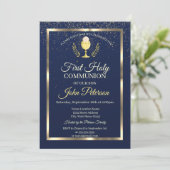 Invitation Première communion élégante confettis bleus (Debout devant)