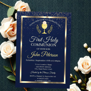 Invitation Première communion élégante confettis bleus