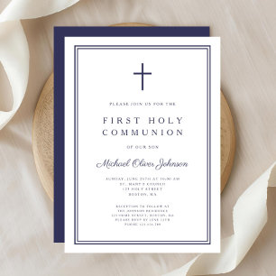Invitation Première communion élégante croix bleu marine garç