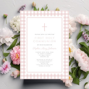 Invitation Première communion élégante fille à carreaux roses