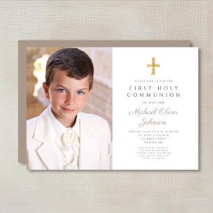 Invitation Première communion élégante garçon photo croix tau