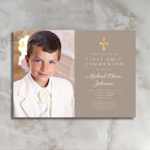 Invitation Première communion élégante garçon photo croix tau