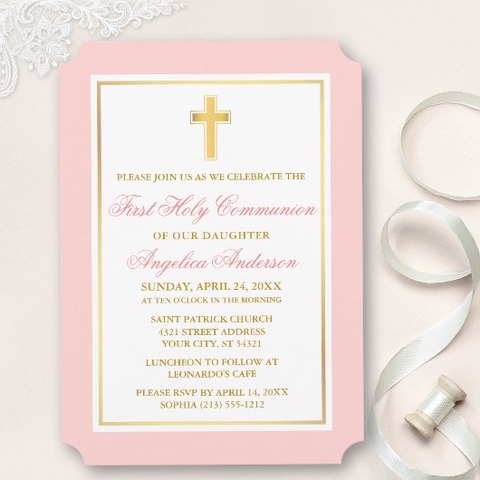 Invitation Première communion élégante Gold Cross Rose