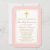 Invitation Première communion élégante Gold Cross Rose (Devant)