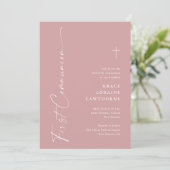 Invitation Première communion élégante moderne écriture rose (Debout devant)