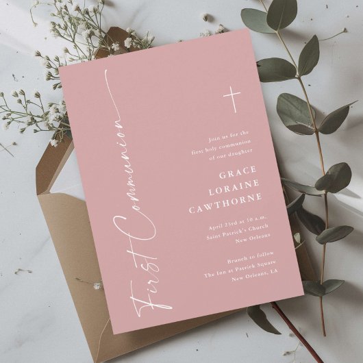 Invitation Première communion élégante moderne écriture rose