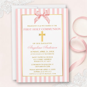 Invitation Première communion élégante moderne rose pâle rayé