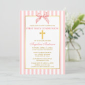 Invitation Première communion élégante moderne rose pâle rayé (Debout devant)