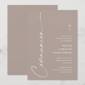 Invitation Première communion élégante moderne script taupe (Devant / Derrière)