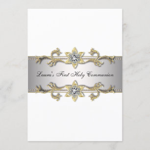 Invitation Première communion élégante noir blanc or pour fil