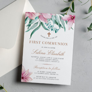 Invitation Première communion élégante rose florale
