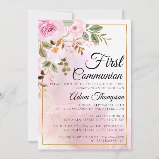 Invitation Première communion en or et en marbre Rose rose (Devant)