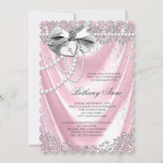 Invitation Première communion en satin rose (Devant)