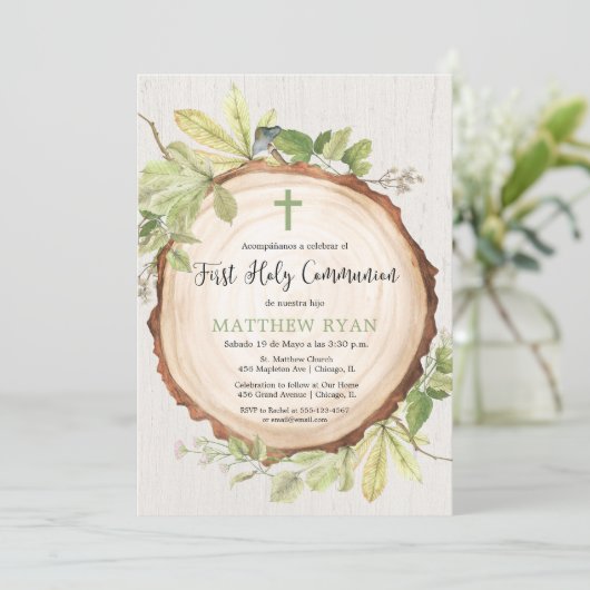 Invitation Première Communion Espagnol langue rustique garçon (Debout devant)